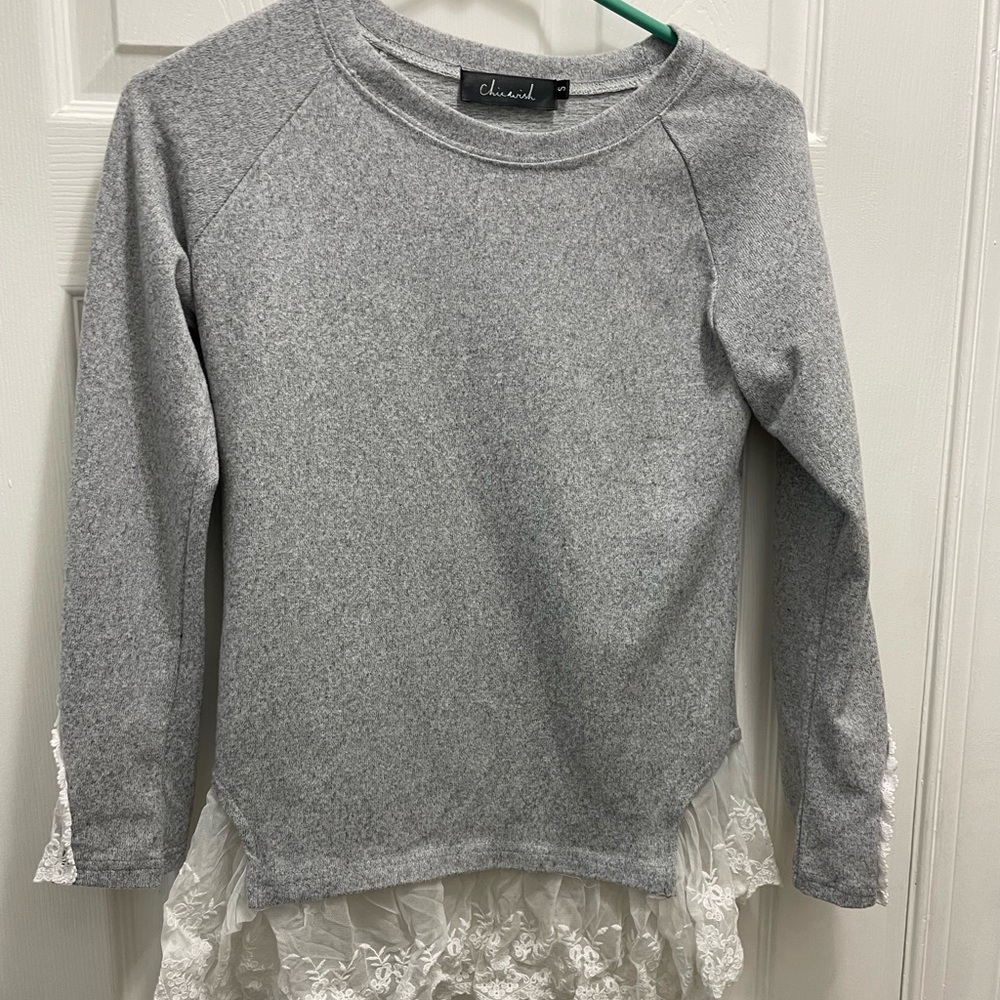 Chicwish Gray Sweater with Lace Hem